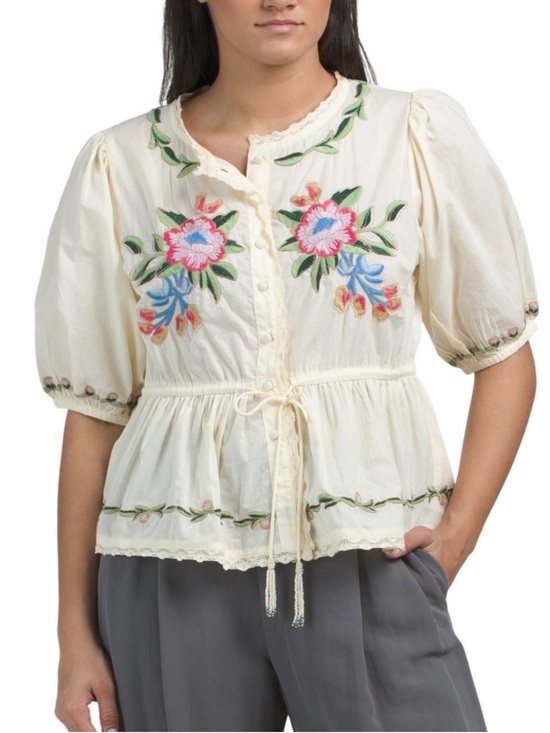 Jennifer & Grace Tops - Cream Floral-Embroidered Peasant Blouse with Drawstring NWOT